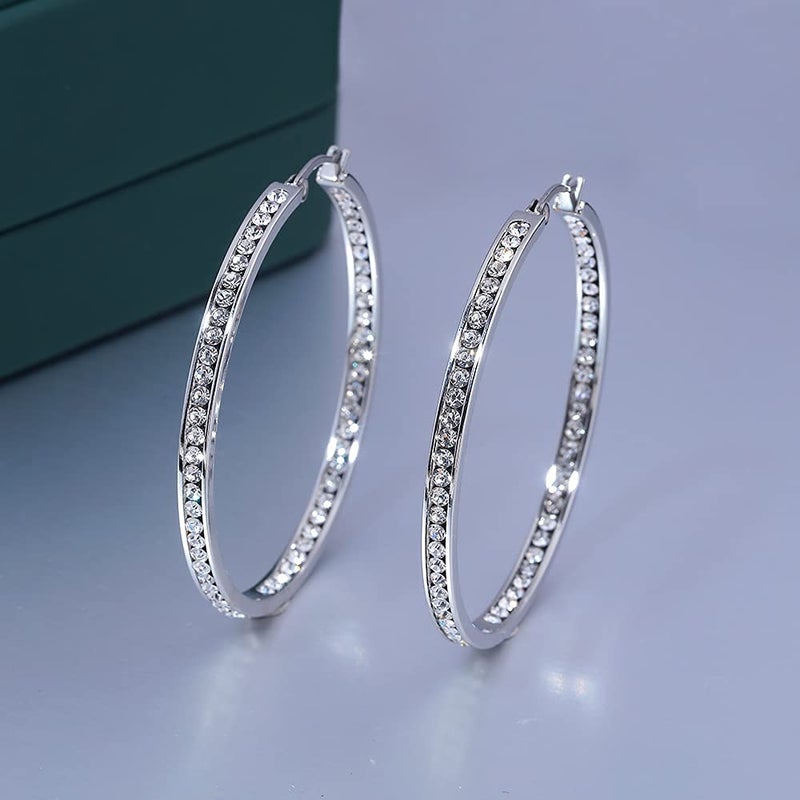 CiNily Ladies Earring Hoops-Stainless Steel Hoop Earrings for Women White Cubic Zirconia Large Big Hoop Earrings hypoallergenic for sensitive ears - Image 2